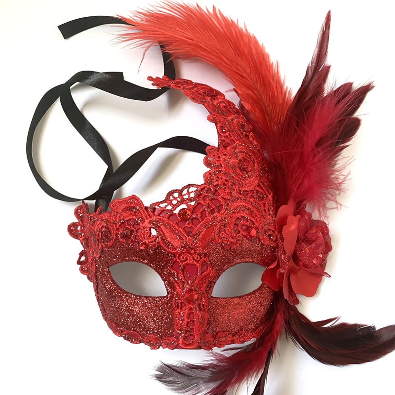 MasqStudio Brocade Lace Masquerade Ball Mask Burlesque Mardi Gras Birthday Prom Wedding Party (Red) - Image 1